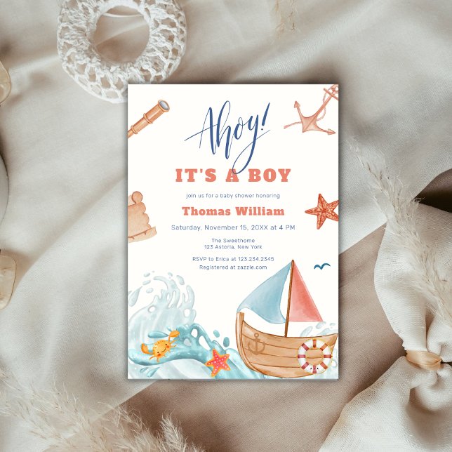 Ahoy Es ist eine Baby Adventure Sailboat Baby Dusc Einladung (Ahoy It's A Boy Adventure Sailboat Baby Shower Invitation)