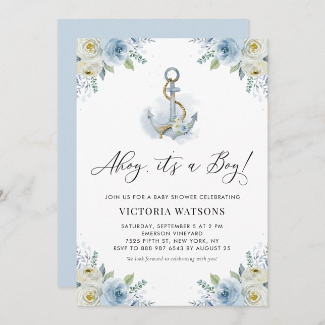 Ahoy Es ist eine Baby Anchor Floral Nautical Baby  Einladung (Vorne/Hinten)