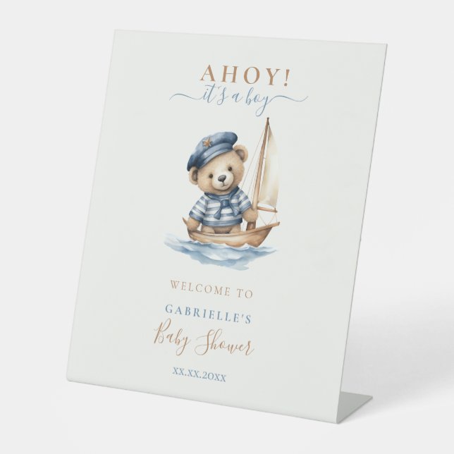 Ahoy es ist eine Baby Baby-Dusche aus Boy Teddy Be Sockelschild (Vorderseite)
