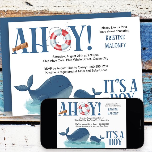 Ahoy Es ist eine Baby-Baby-Dusche für Junge Happy  Einladung (Nautical Baby Shower Invitation from my Happy Whale collection. Message if you need different items
)