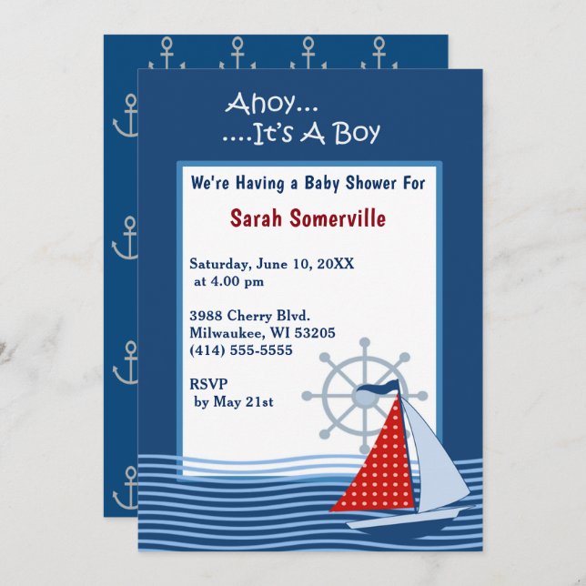 Ahoy Es ist eine Baby Blue Sailboat Babydusche Einladung (Vorne/Hinten)