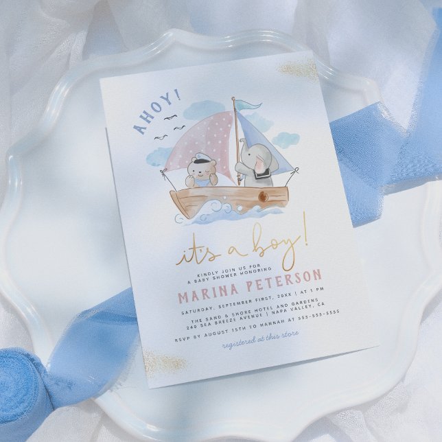 Ahoy Es ist eine Baby Elephant Sailboat Babydusche Einladung (Von Creator hochgeladen)