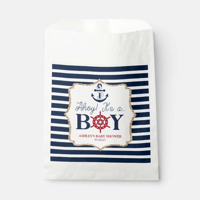 Ahoy Es ist eine Baby Nautical Navy Blue Baby Dusc Geschenktütchen (Vorderseite)
