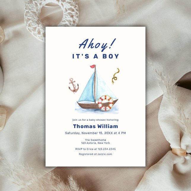 Ahoy Es ist eine Babydusche mit Kinderschiff Einladung (Ahoy It's A Boy Nautical Sailboat Baby Shower Invitation)