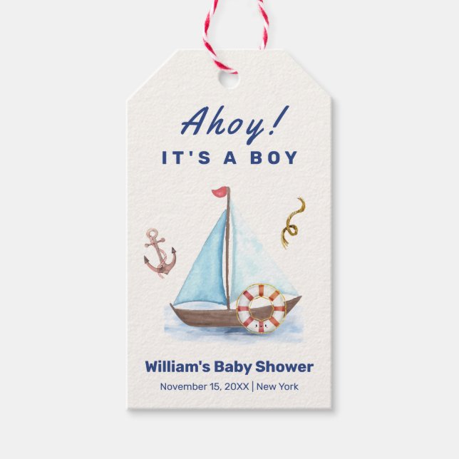 Ahoy Es ist eine Babydusche mit Kinderschiff Geschenkanhänger (Vorderseite)