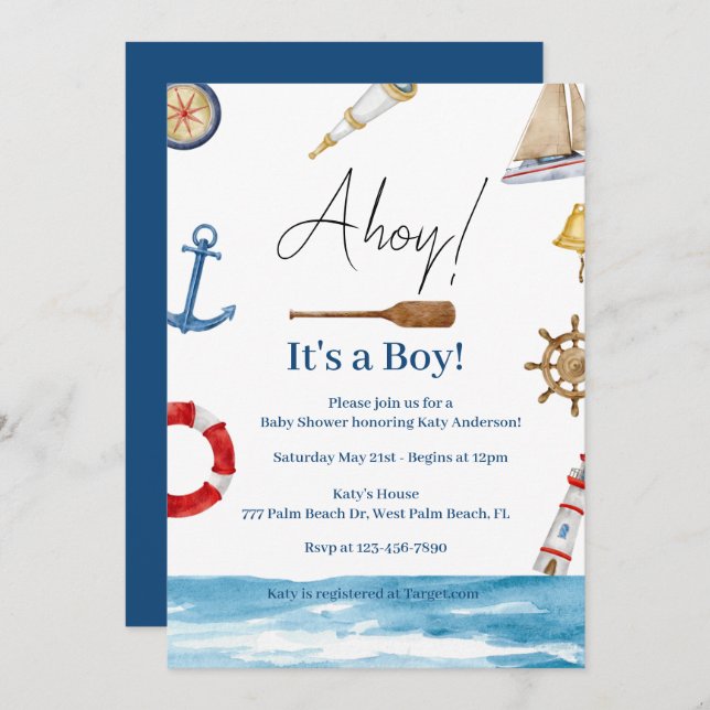 Ahoy Es ist eine Boy Nautical Baby Shower Einladun Einladung (Vorne/Hinten)
