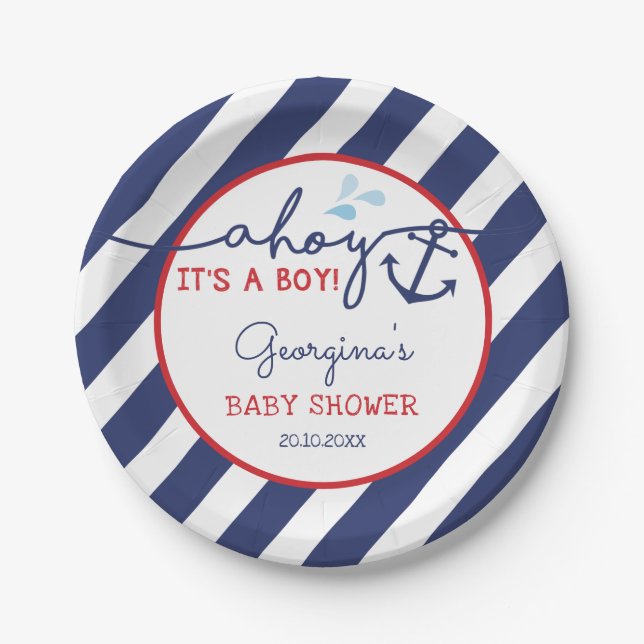 Ahoy Es ist eine Boy Nautical Baby Shower Navy Red Pappteller (Vorderseite)
