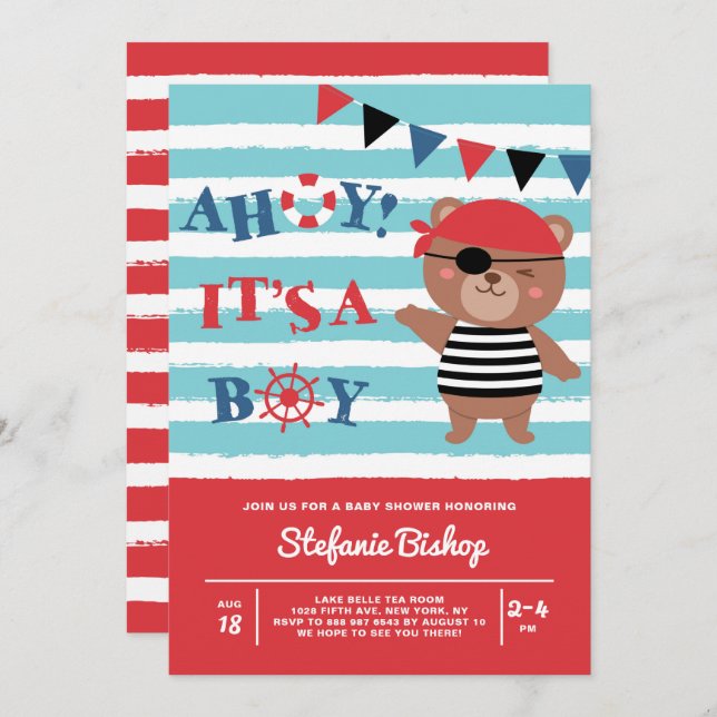 Ahoy Es ist eine Boy Pirate Bear Nautical Baby Dus Einladung (Vorne/Hinten)