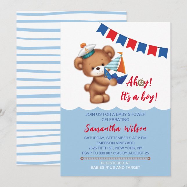 Ahoy! Es ist eine kinderfarbene Kinderdusche Einladung (Vorne/Hinten)