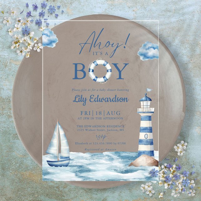 Ahoy ist ein Baby Blue Nautical Baby Dusche Acryleinladungen (Ahoy Its A Boy Blue Nautical Baby Shower Acrylic Invitations)