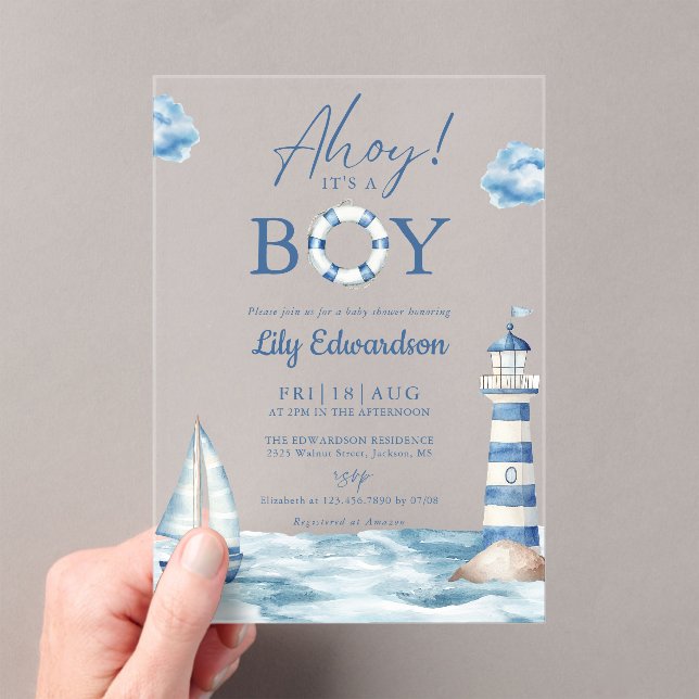 Ahoy ist ein Baby Blue Nautical Baby Dusche Acryleinladungen (Insitu (Handheld))