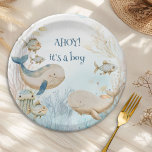 Ahoy ist ein Baby-Shower für Jungen und Jungen Pappteller<br><div class="desc">Ach, das ist ein Junge! (bearbeitbare) Teller für Wale-Babydusche. Natürliche und sanfte Aquarellgestaltung in Blau und Beige mit Walen, die unter dem Meer mit Fischen und Korallen schwimmen. Whimsikale Schrift und Boho Stilweise, perfekt für Wal Babydusche, nautische Babydusche, unter dem Meer und Meerestierthemen. Um Einladungen, Schreibwaren, Spiele und die tägliche...</div>