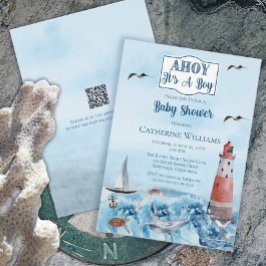 Ahoy ist ein Boy Lighthouse Ocean Baby Shower QR Einladung