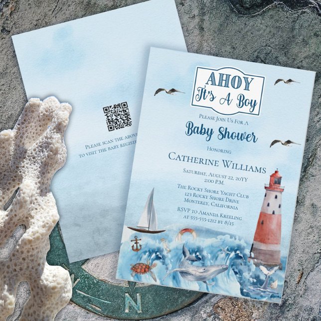 Ahoy ist ein Boy Lighthouse Ocean Baby Shower QR Einladung (Von Creator hochgeladen)
