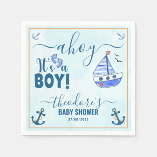 Ahoy ist ein Boy Sailboat Baby Dusche Wasserfarbe Serviette