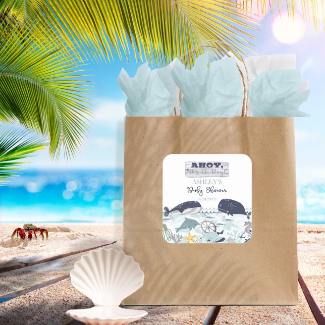 Ahoy ist ein Junge unter der Sea Baby Dusche Quadratischer Aufkleber (Von Creator hochgeladen)