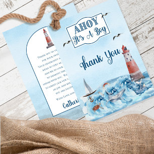 Ahoy ist ein junges Leuchtturm Ocean Baby Shower a Dankeskarte