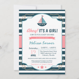 Ahoy ist ein Mädchen! Nautic Navy & Pink Baby Dusc Einladung