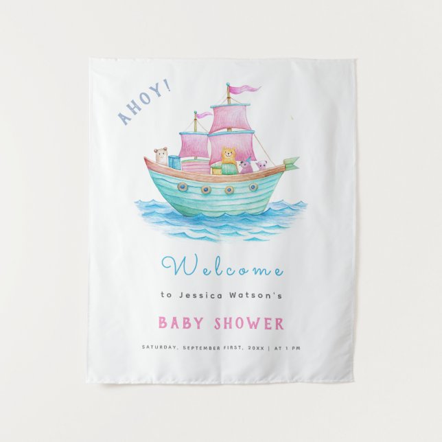 Ahoy ist eine Baby Ship Animals Sailboat Baby Dusc Wandteppich (Vorderseite)