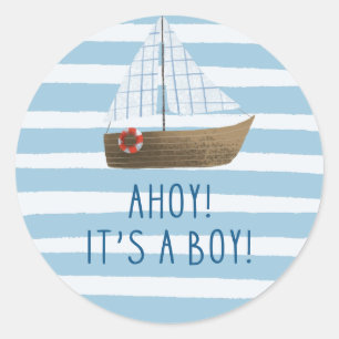 Ahoy ist eine junge blaue Sailboat Babydusche Runder Aufkleber