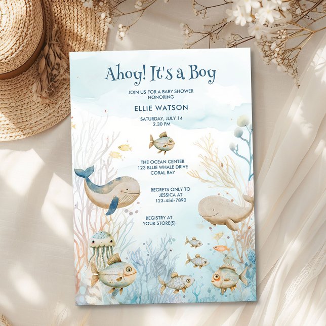 Ahoy ist eine junge Blue Beige Coral Whale Baby Du Einladung (Ahoy its a Boy invitation from the Whale Baby Shower Collection by Darling & May)