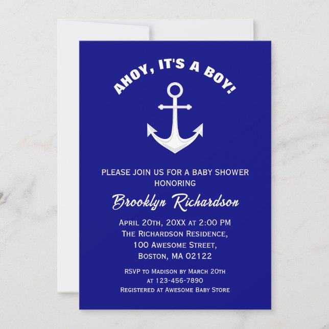 Ahoy ist eine junge Navy Blue White Anchor Baby Du Einladung (Vorderseite)