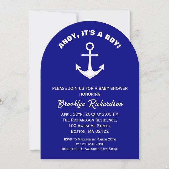 Ahoy ist eine junge Navy Blue White Anchor Baby Du Einladung (Vorderseite)