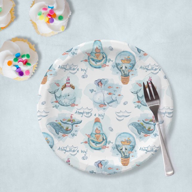 Ahoy ist eine Niedliche Whale-Tisch-Dekoration Kin Pappteller (Ahoy It's A Boy Cute Whale Table Decor Baby Shower Paper Plates
)