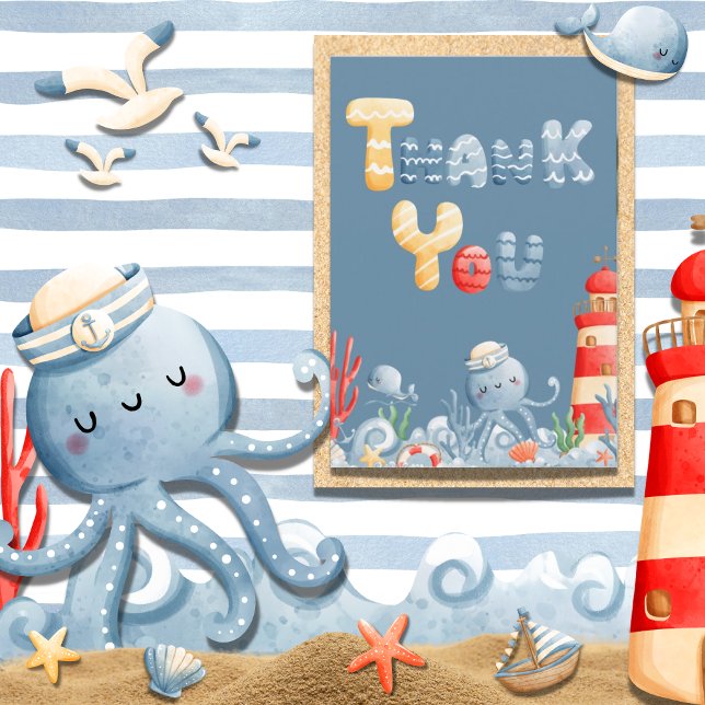 Ahoy It is a Boy Blue Nautical Baby Shower Dankeskarte (Von Creator hochgeladen)