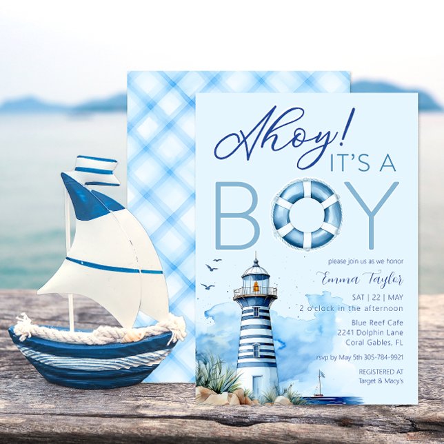 Ahoy It is a Boy Nautical Baby Shower Einladung (Ahoy It's A Boy Lighthouse Baby Shower Theme)