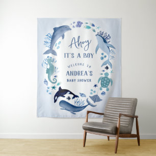 Ahoy It is a Boy Under the Sea Blue Baby Shower Wandteppich