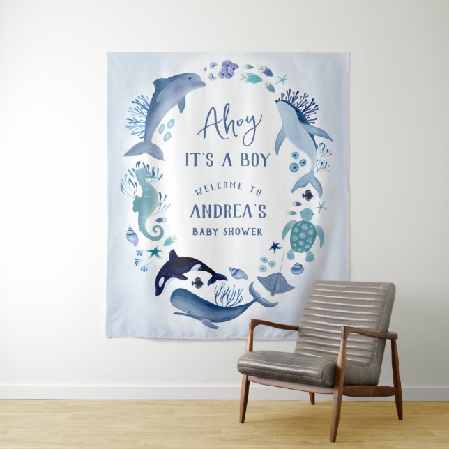 Ahoy It is a Boy Under the Sea Blue Baby Shower Wandteppich (Beispiel)