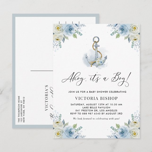Ahoy It's a Boy Anchor Floral Nautical Baby Shower Einladungspostkarte (Vorne/Hinten)