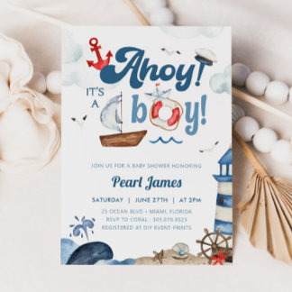 Ahoy It's a Boy Blue and Red Nautical Baby Shower Einladung
