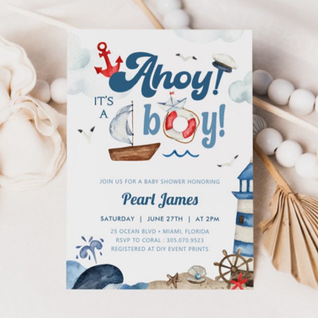 Ahoy It's a Boy Blue and Red Nautical Baby Shower Einladung (Von Creator hochgeladen)