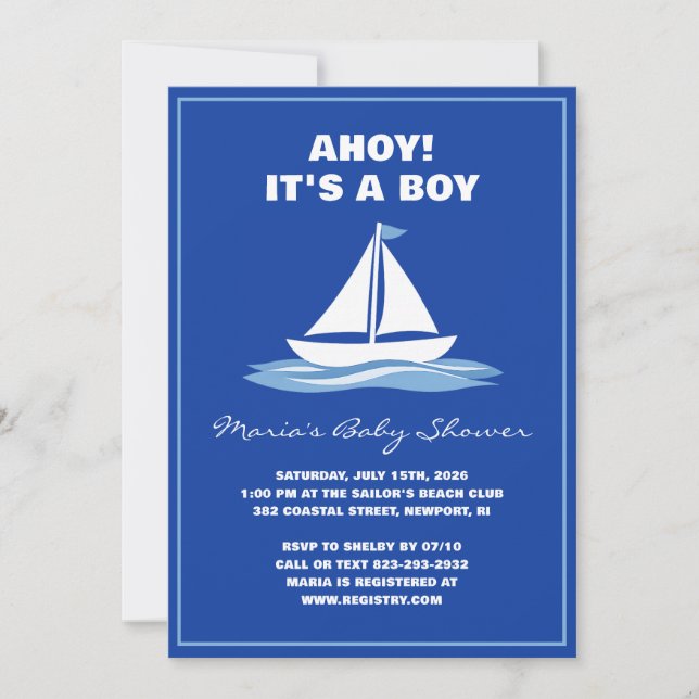 Ahoy It's a Boy! Blue Nautical Boat Baby Shower  Einladung (Vorderseite)