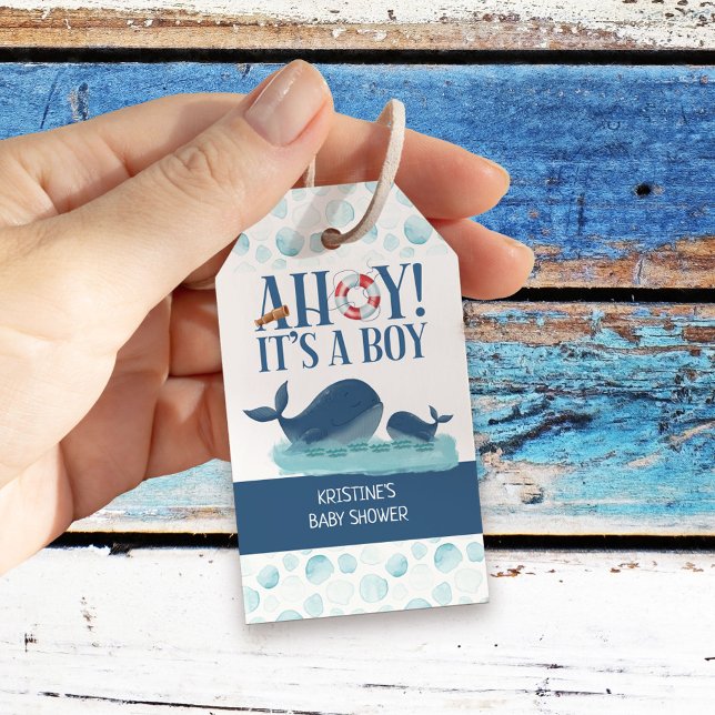 Ahoy It's A Boy Happy Whales Personalisiert Geschenkanhänger (Boy Baby Shower favor tags from my Happy Whale collection. Message if you need different items.)