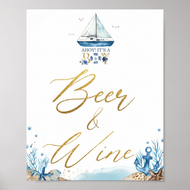 Ahoy It's a Boy Nautical Baby Shower Beer Wine Poster (Vorne)