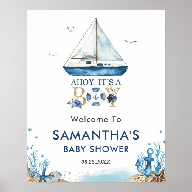 Ahoy It's a Boy Nautical Boat Baby Shower Willkomm Poster (Vorne)