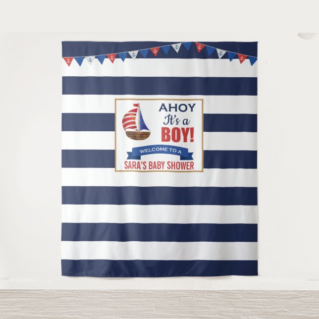 Ahoy It's a Boy Navy Baby Shower Party Tapestry Wandteppich (Vorderseite)