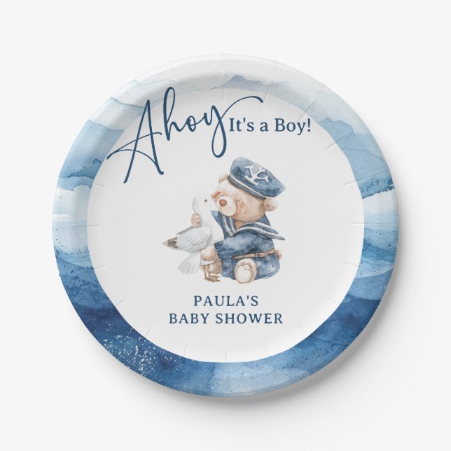 Ahoy It's a Boy Niedlich Nautical Baby Shower Pappteller (Vorderseite)