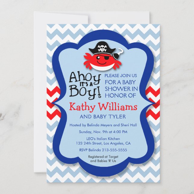 Ahoy It's a Boy - Pirate Crab Boy Baby Shower Einladung (Vorderseite)