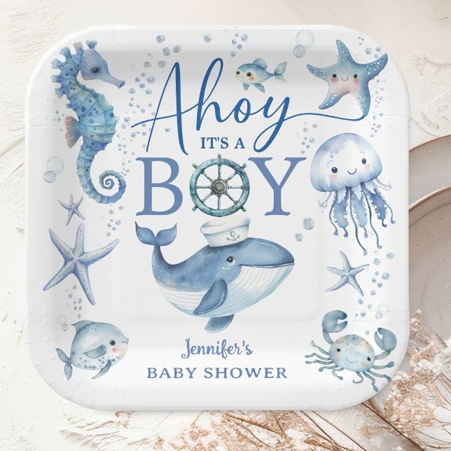 Ahoy it's A Boy Sailor Nautical Baby Shower Blue  Pappteller (Von Creator hochgeladen)