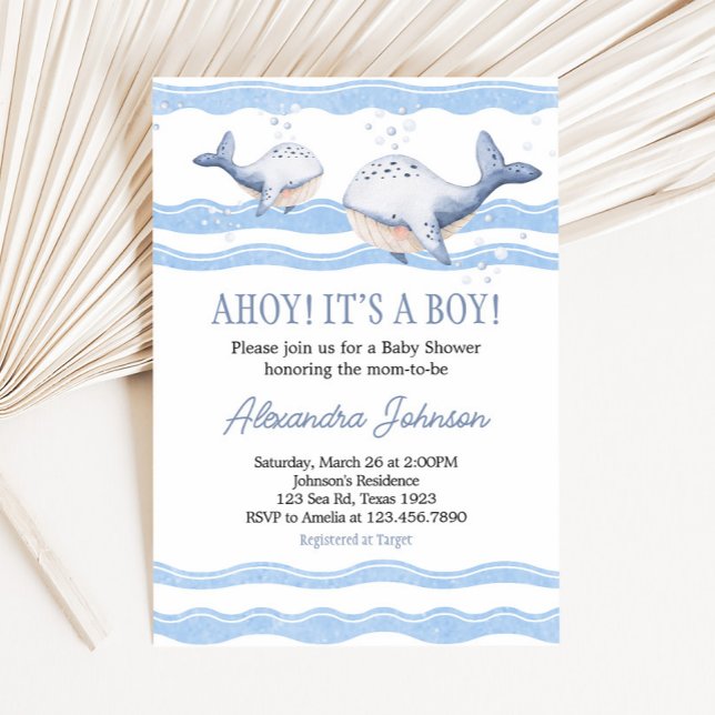 Ahoy It's a Boy Whale Baby Shower  Einladung (Ahoy Whale Baby Shower Invitation)