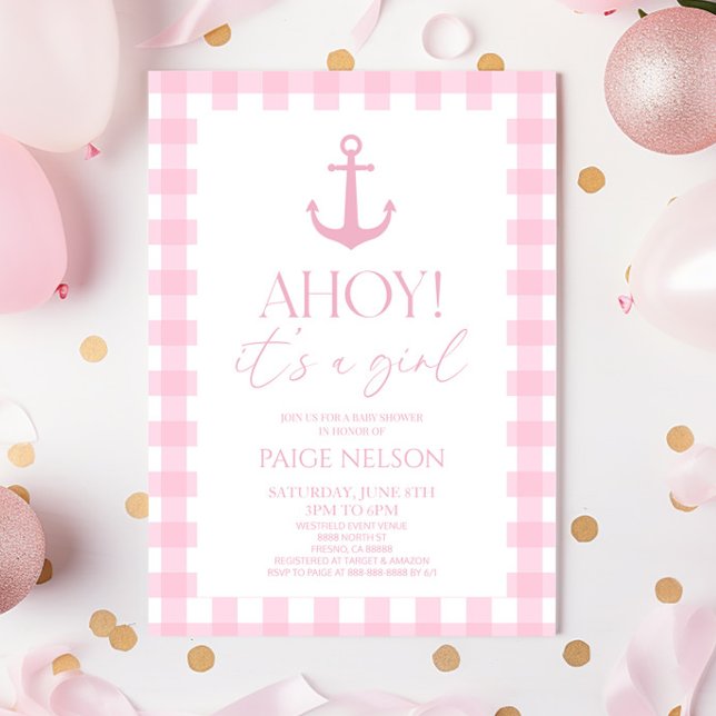 Ahoy It's a Girl Elegant Pink Nautical Baby Shower Einladung (Von Creator hochgeladen)