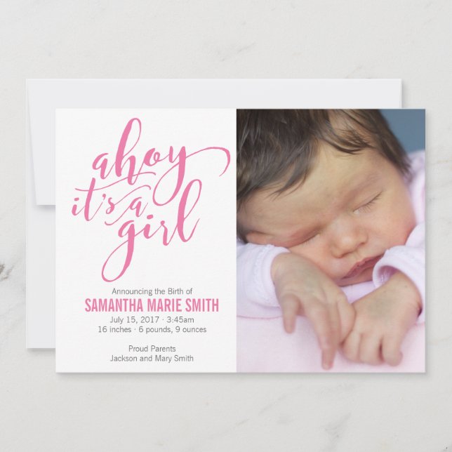 Ahoy It's a Girl Nautical Theme Birth Ankündigung (Vorderseite)