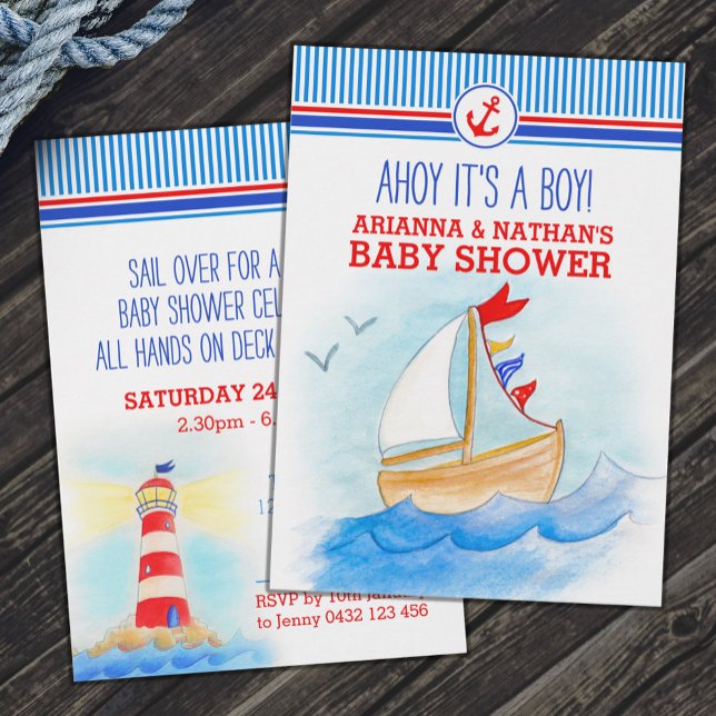 Ahoy Jungs Babydusche nautisches Aquarell Einladung (Von Creator hochgeladen)
