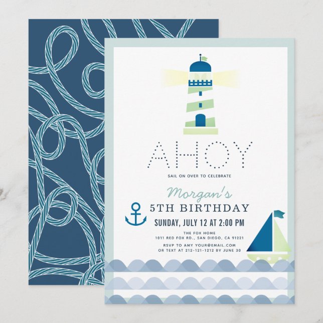 Ahoy Lighthouse Nautical Blue Boy Birthday Einladung (Vorne/Hinten)