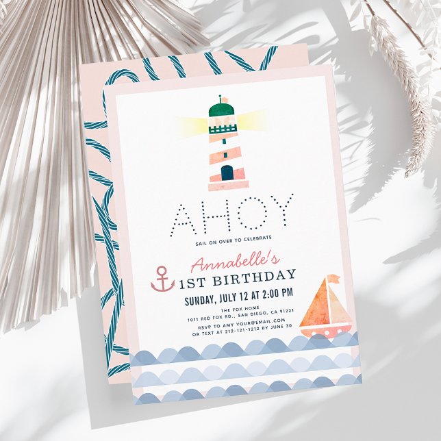 Ahoy Lighthouse Nautical Pink Girl 1. Geburtstag Einladung (Von Creator hochgeladen)