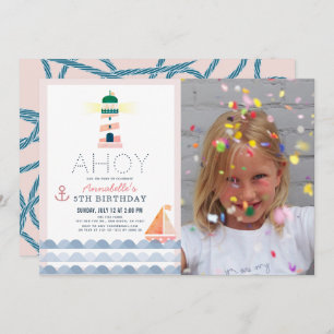 Ahoy Lighthouse Nautical Pink Girl Foto Geburtstag Einladung